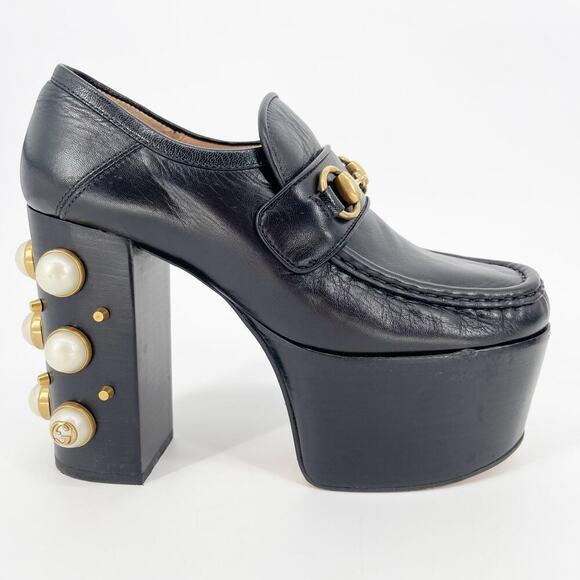 Gucci Black Vegas Horsebit Pearl Studded Platform Loafer Block Heel Pump EU 36.5 - Picture 3 of 13